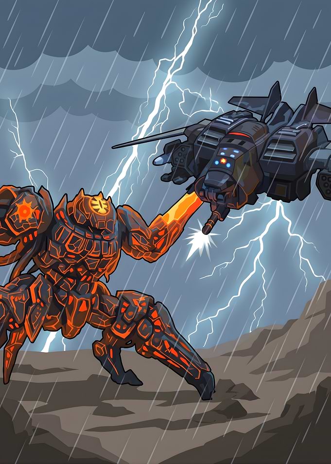Lava Mech Battling Futuristic Aircraft