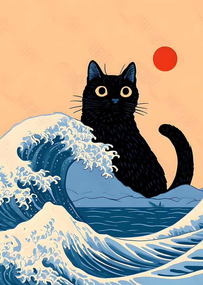 Black Cat Great Wave Art