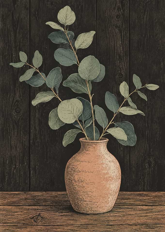 Eucalyptus Branches in Clay Vase