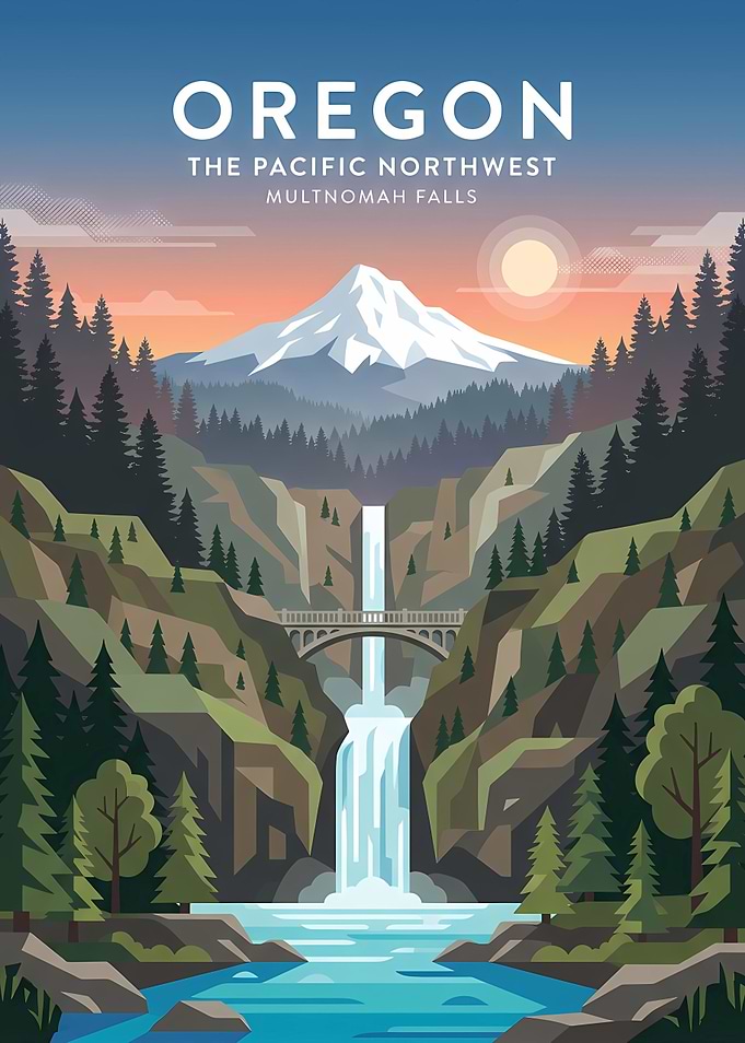 Multnomah Falls Oregon Travel Poster