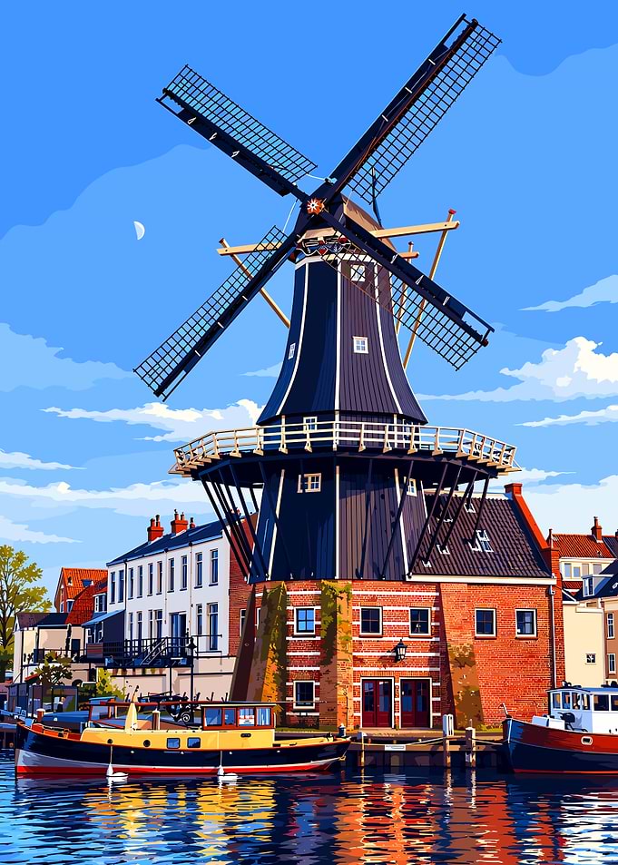 Traditional Dutch Windmill by Canal