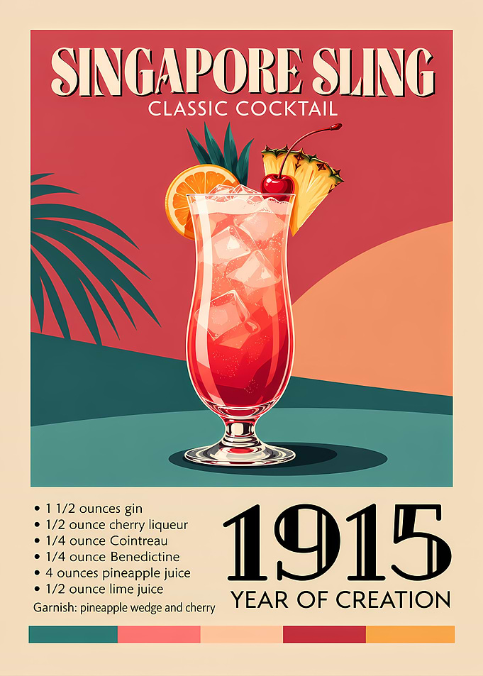 Singapore Sling Cocktail Vintage Poster