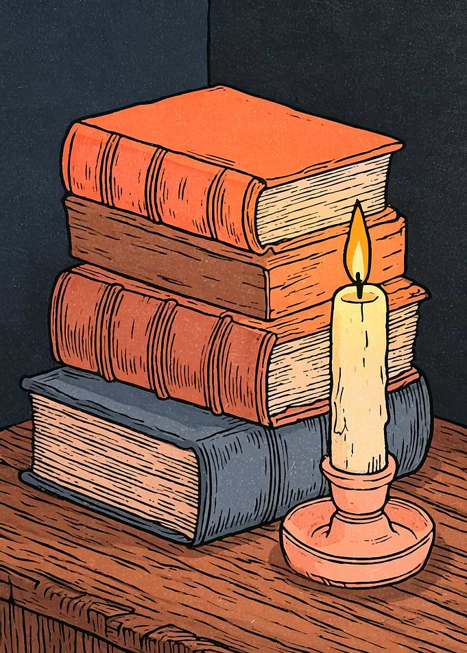 Stack of Books with Lit Candle
