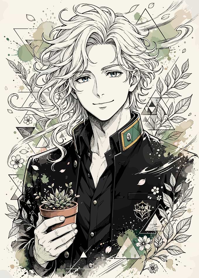 Anime Boy Holding Potted Succulent
