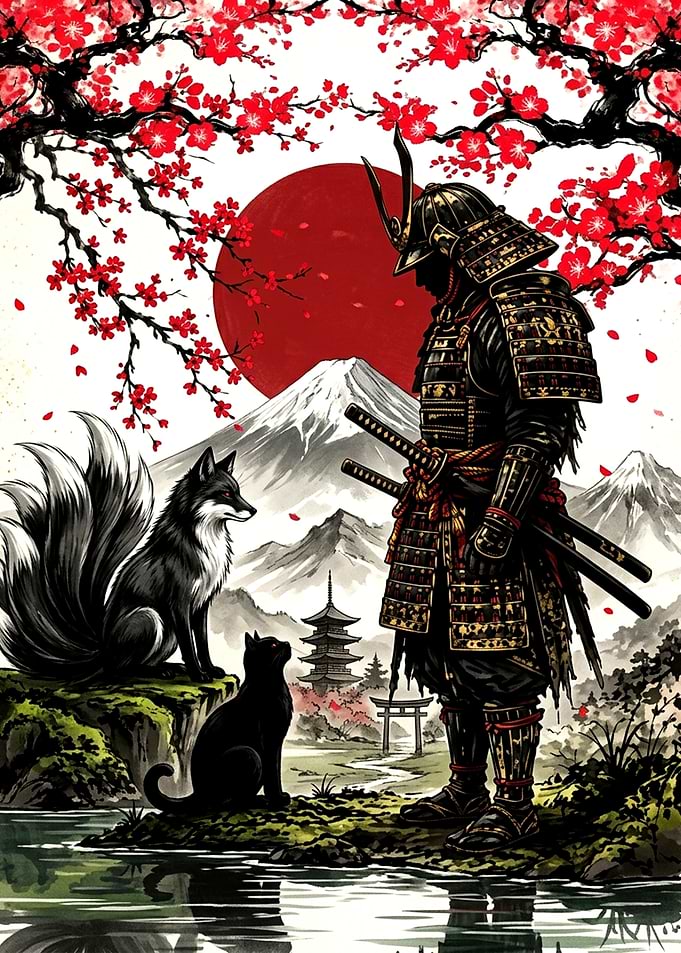 Samurai with Kitsune and Cat