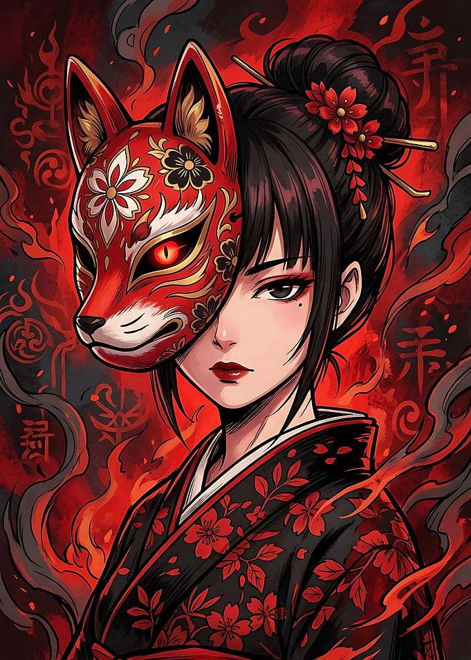 Anime Girl with Kitsune Mask