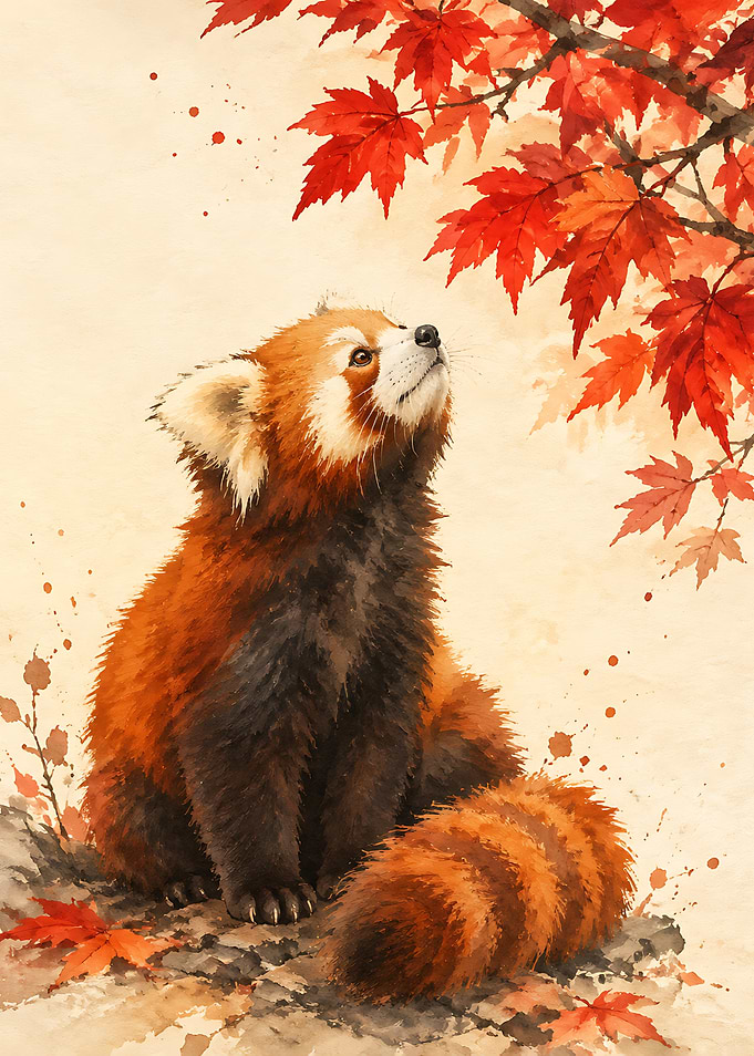 Red Panda Under Autumn Maple Leaves