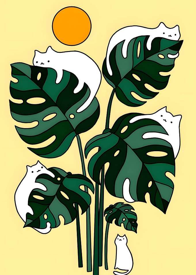 Cute Cats Resting on Monstera Leaves
