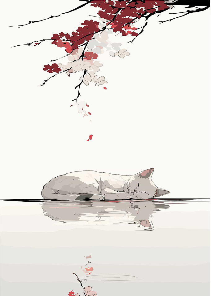 Sleeping Cat Under Cherry Blossoms