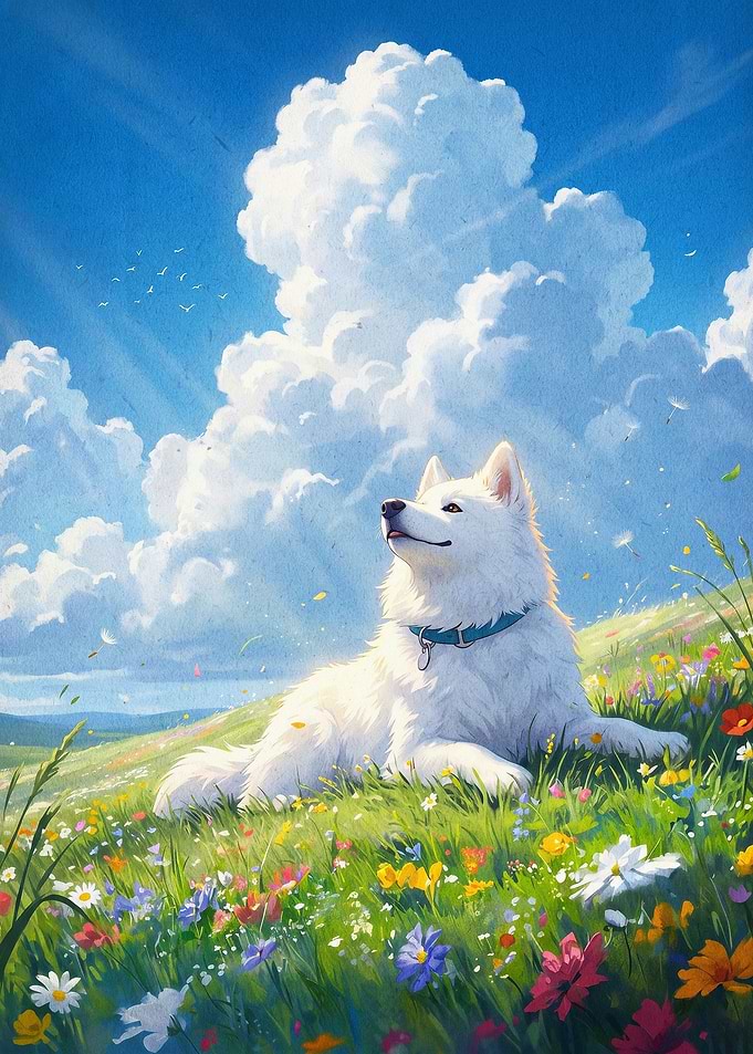White Dog Meadow Anime Art Poster