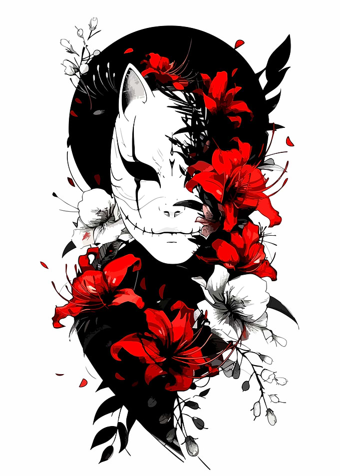 Kitsune Mask with Red Lilies