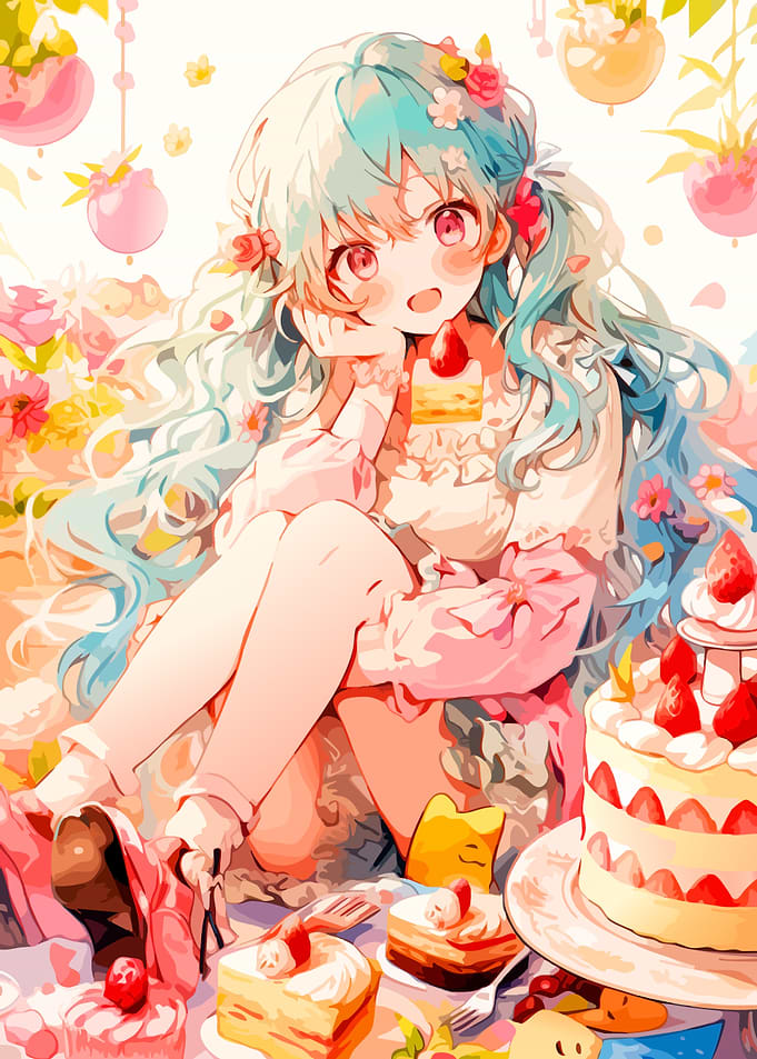 Anime Girl Enjoying Strawberry Cake Picnic
