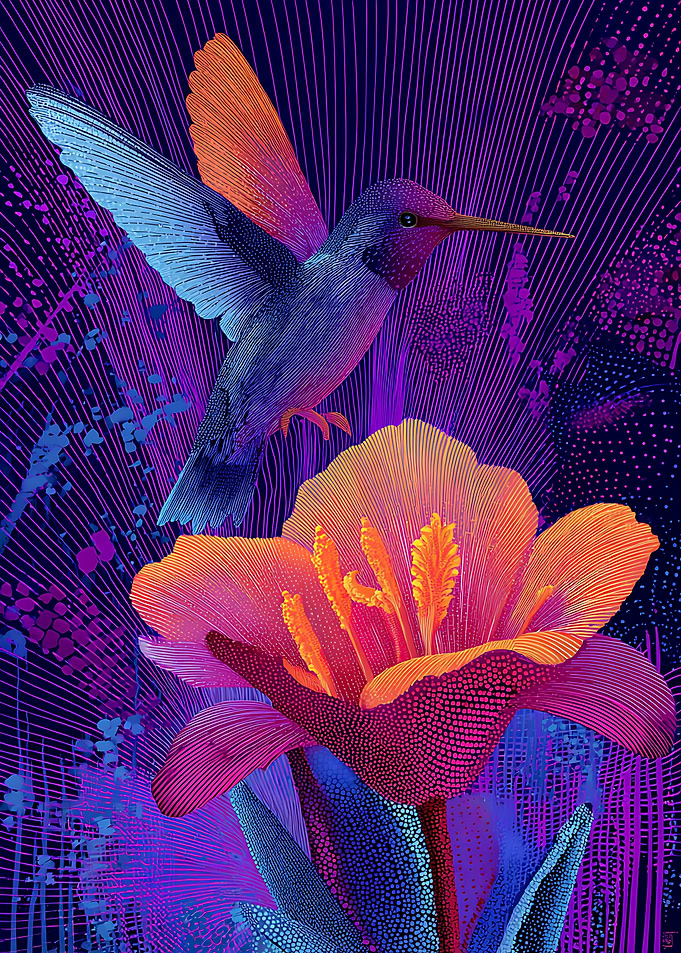 Neon Hummingbird and Vibrant Flower