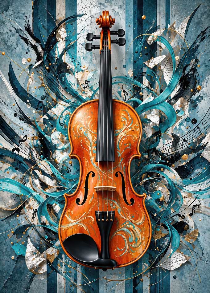 Abstract Violin with Musical Flourishes