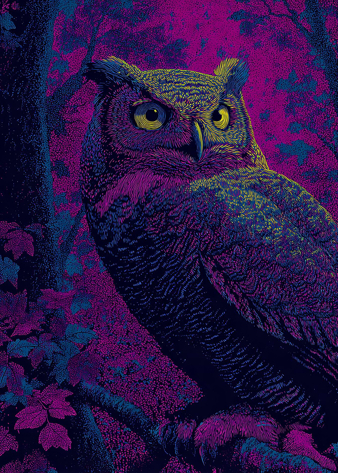 Neon Psychedelic Great Horned Owl