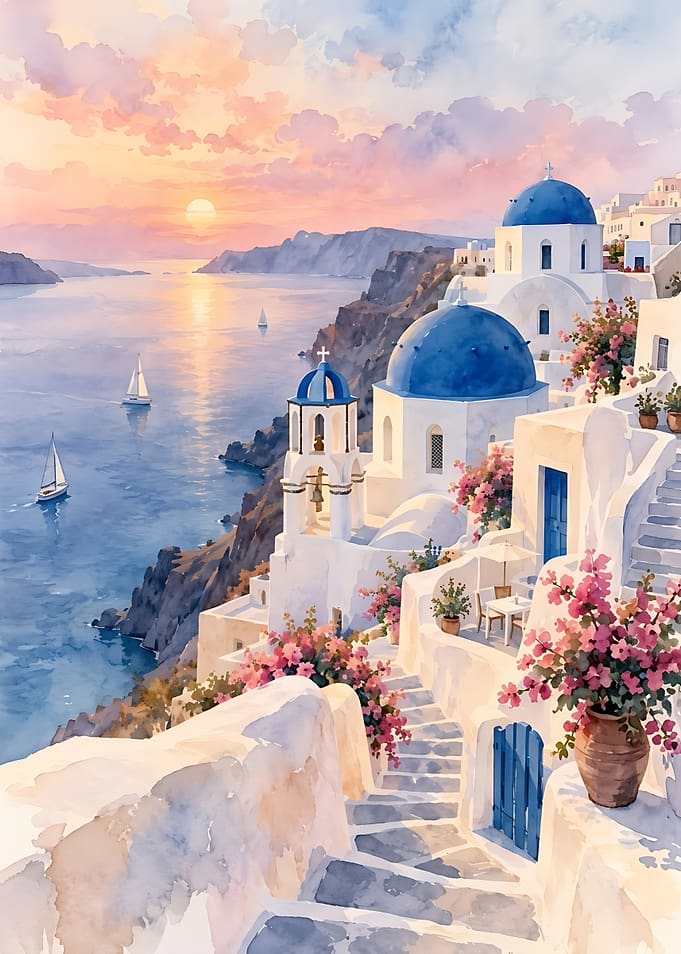 Santorini Sunset Watercolor Landscape