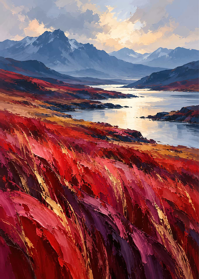 Impressionist Red Autumn Mountain Landscape
