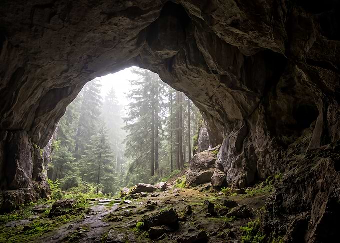 View from inside a misty cave