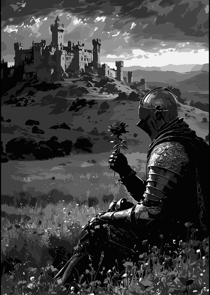 Knight Holding Rose Before Castle