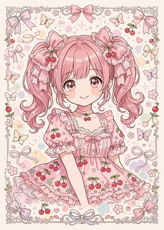Cute Anime Girl with Cherry Pattern