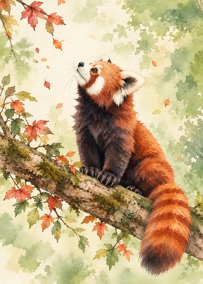 Watercolor Red Panda in Autumn Tree