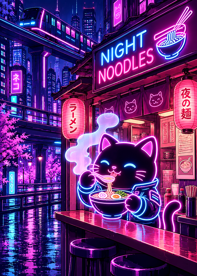 Neon Cyberpunk Cat Eating Ramen