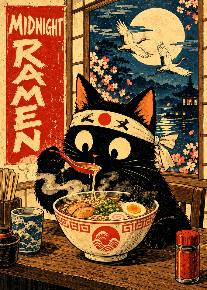 Midnight Ramen Black Cat Illustration