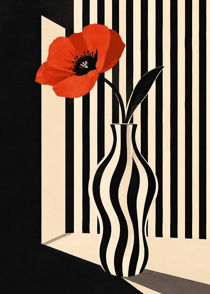 Red Poppy in Striped Vase
