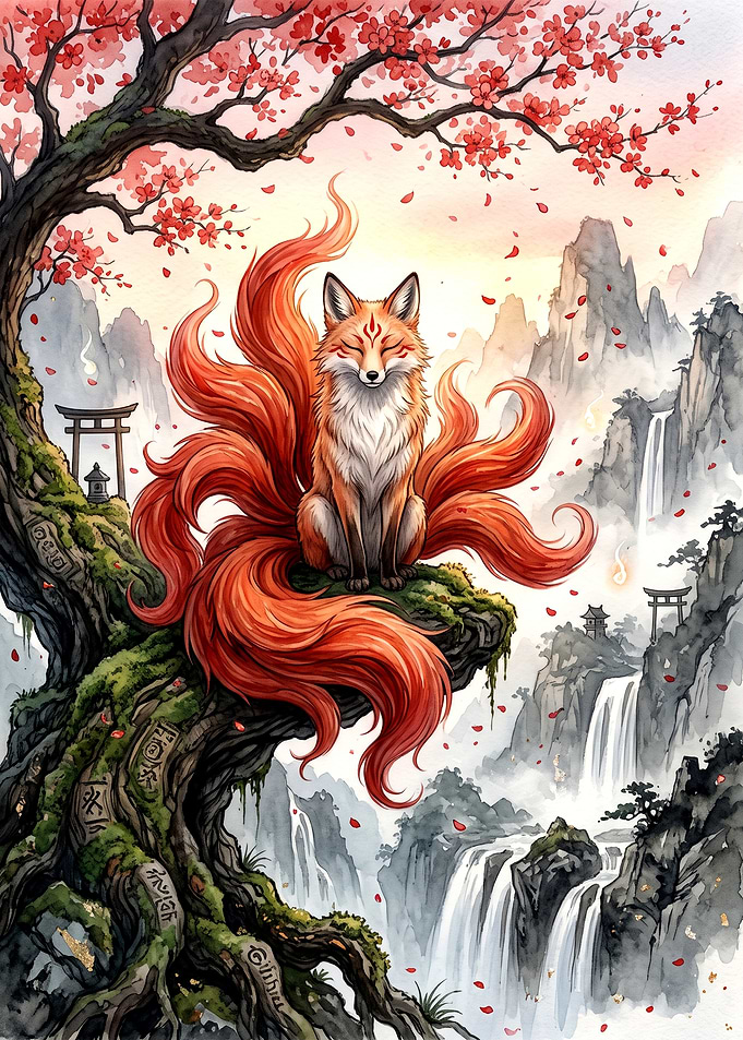Nine-Tailed Kitsune Under Cherry Tree