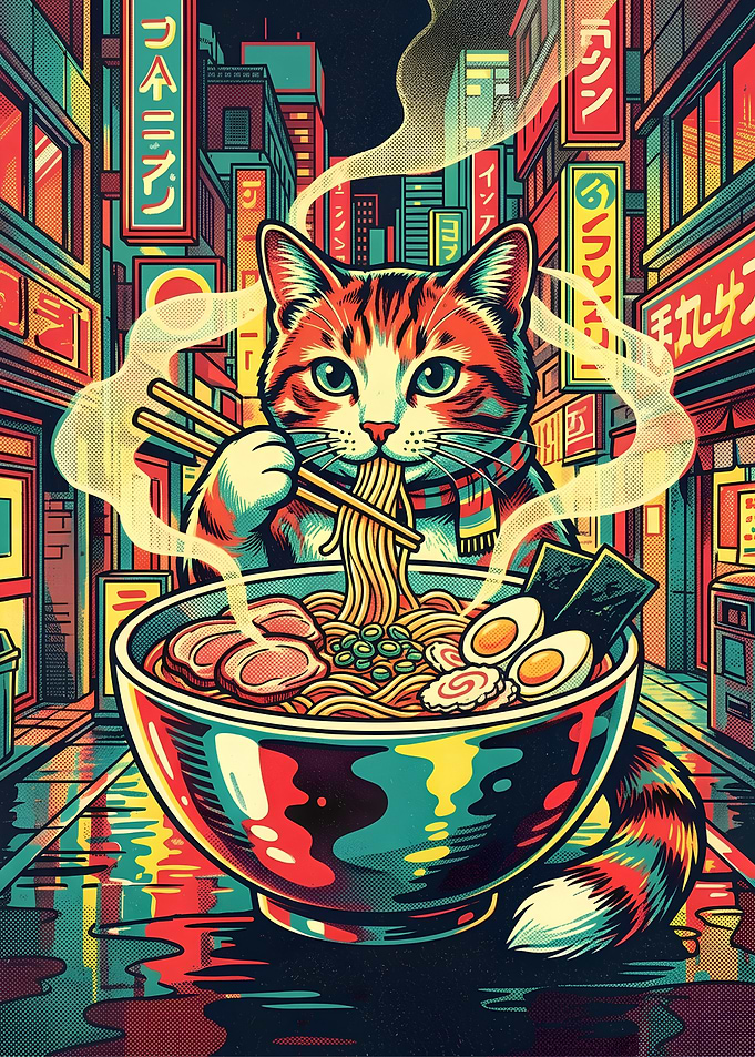 Cat Eating Ramen in Tokyo Street