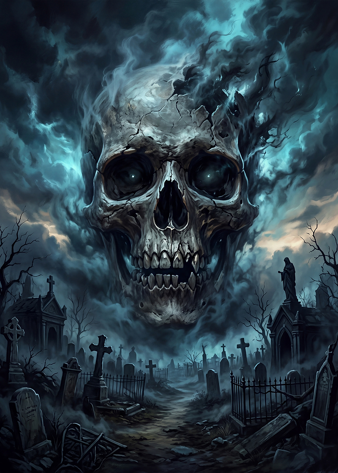 Giant Spectral Skull Over Graveyard