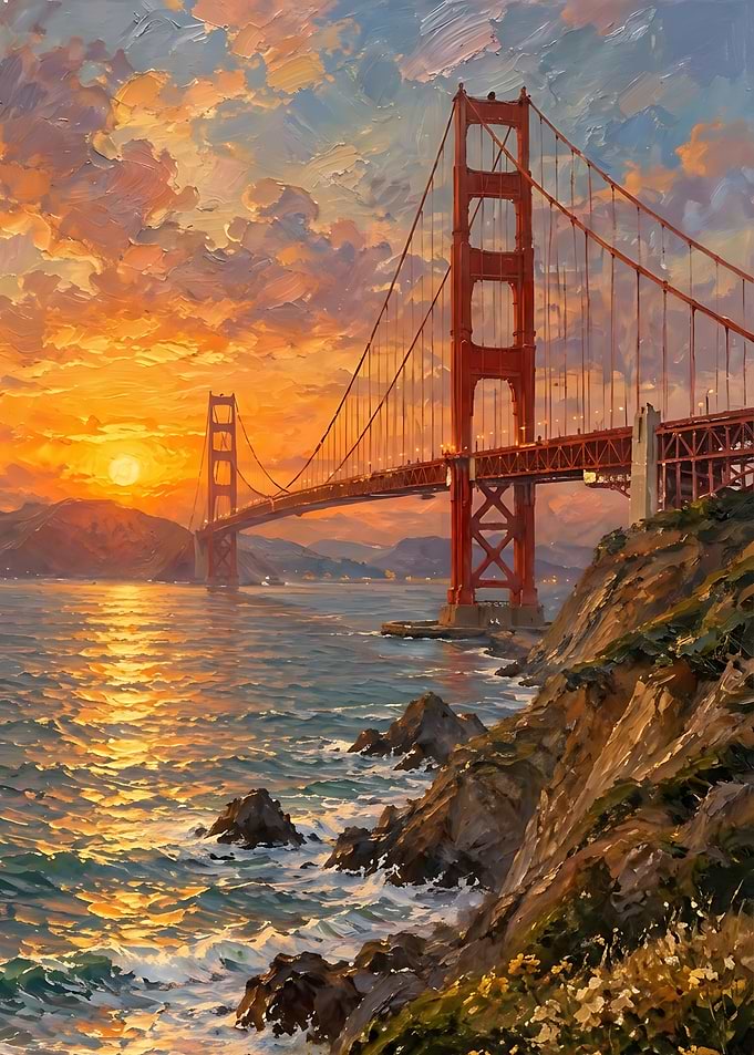 Golden Gate Bridge Sunset Oil Painting