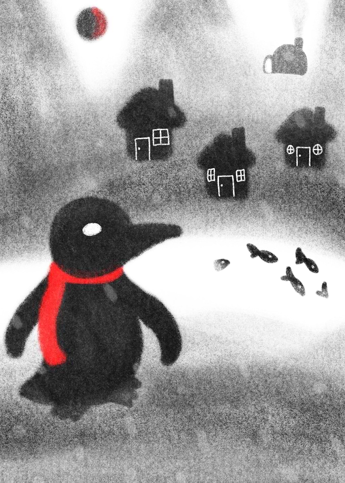 Penguin in the Snowy Village