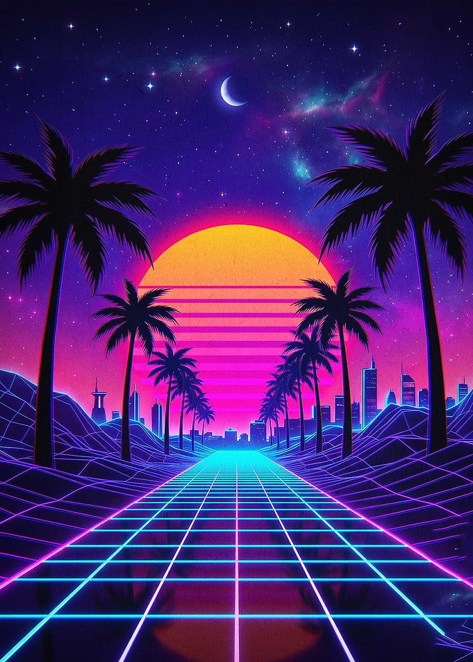 Retro Synthwave Sunset Beach Poster