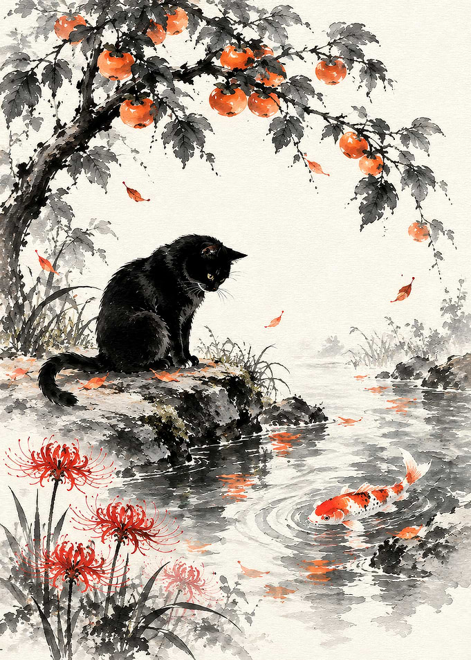 Black Cat Watching Koi Fish