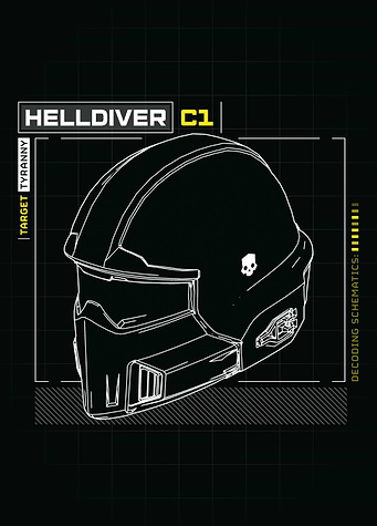 Helldivers II - R3 Helmet Schematic, White Line Blueprint
