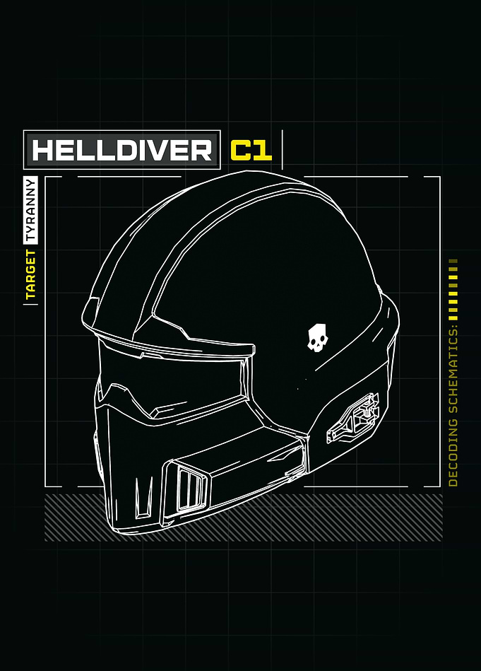 Helldivers II - R3 Helmet Schematic, White Line Blueprint