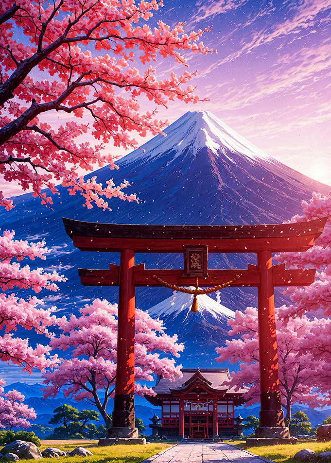 Cherry Blossom Mount Fuji and Torii Gate Japanese Landscape