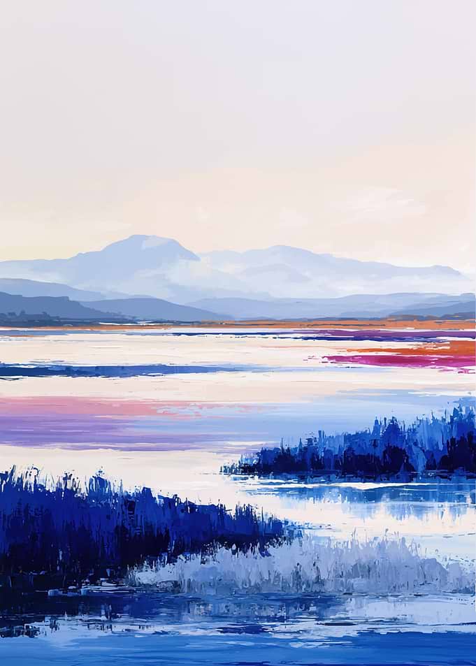 Abstract Impressionist Mountain Lake Landscape