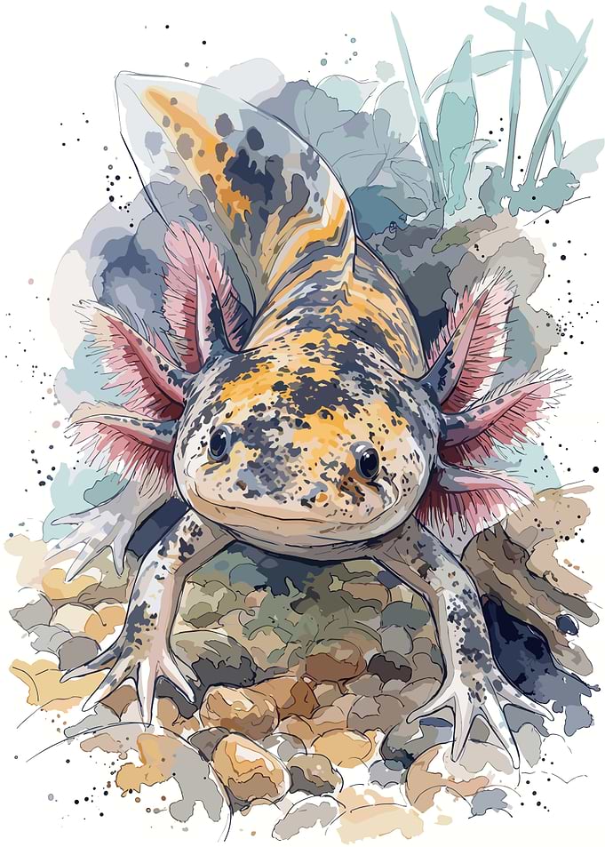 Watercolor Illustration of a Spotted Axolotl