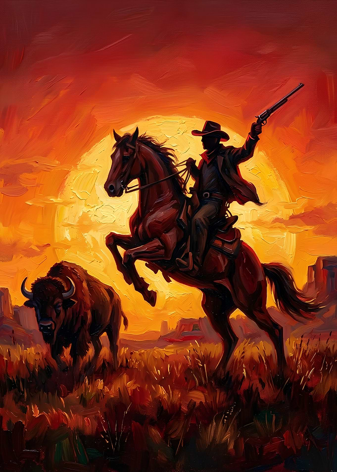 Cowboy on Rearing Horse with Bison