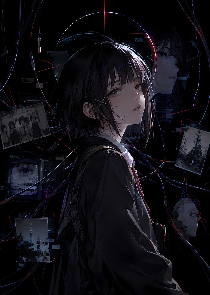 Melancholic Anime Girl with Cables