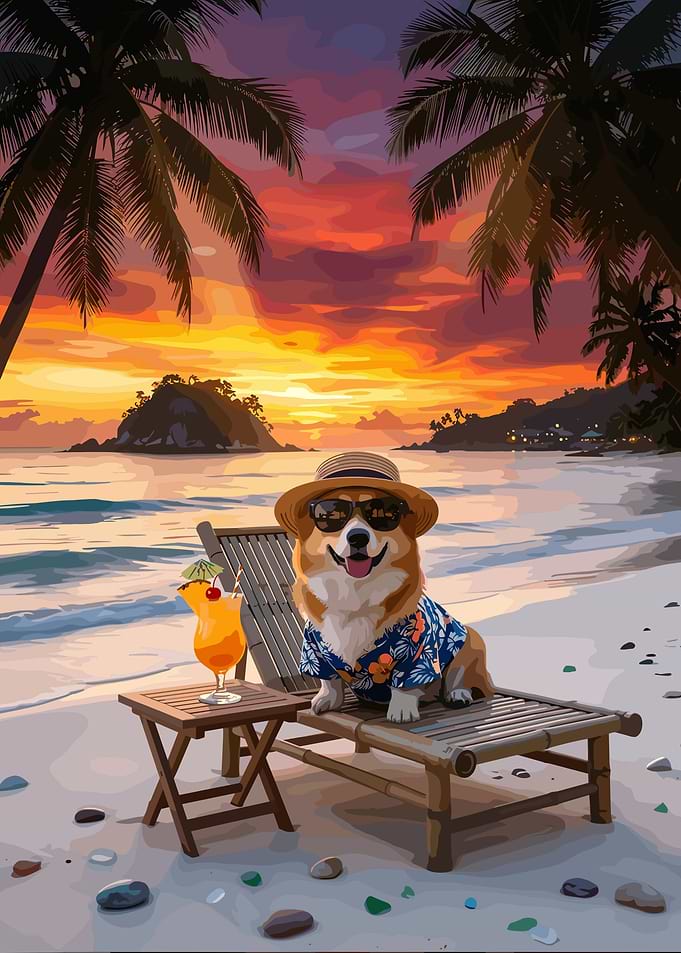 Corgi Relaxing on Tropical Beach