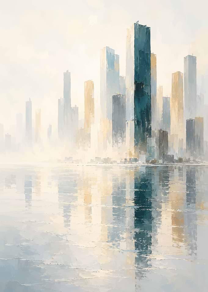 Abstract Cityscape Skyline Reflection Painting