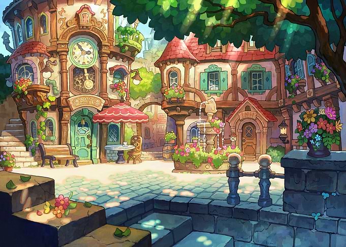 Whimsical Fantasy Town Square Scene