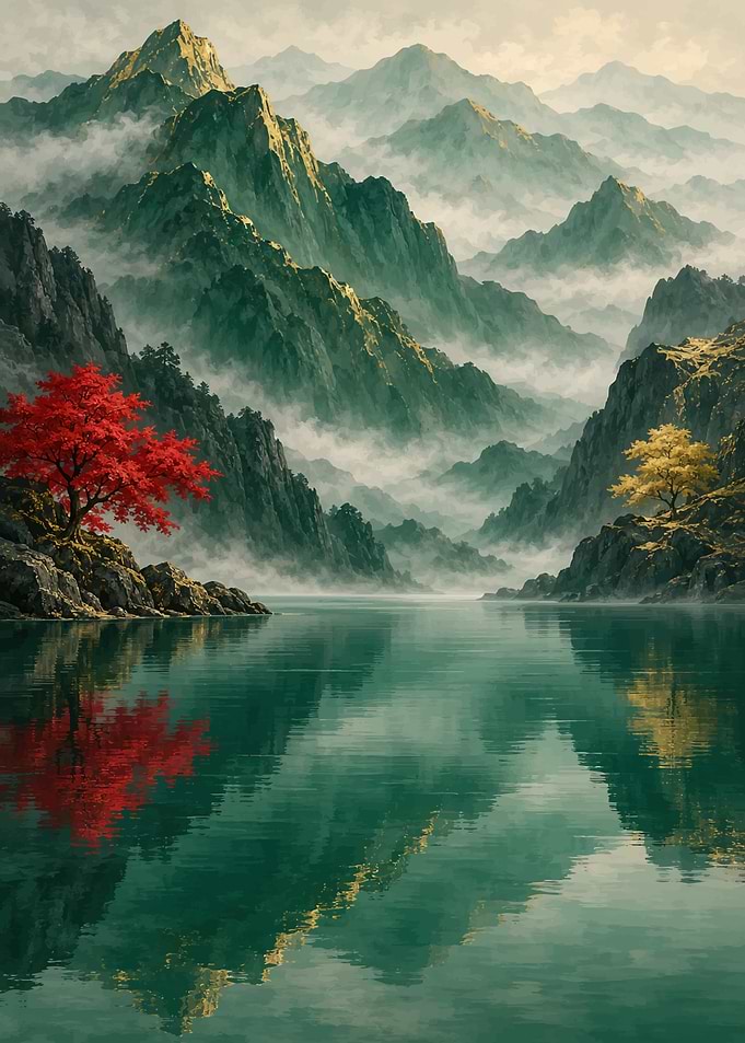 Misty Mountain Lake with Vibrant Trees