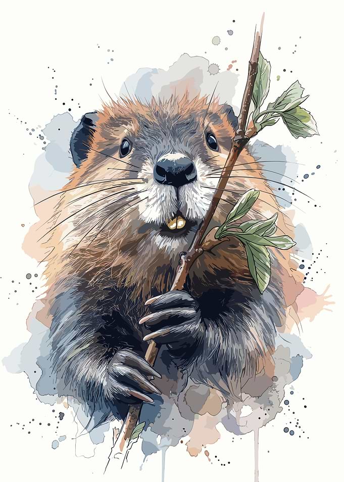 Watercolor Beaver Holding a Branch