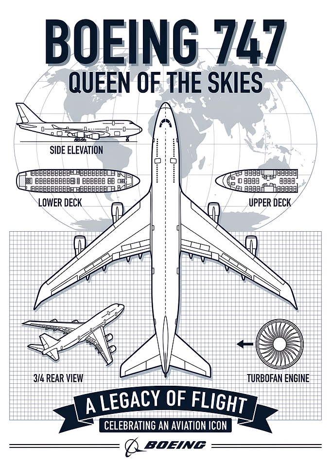 Boeing 747 Aviation Blueprint Poster