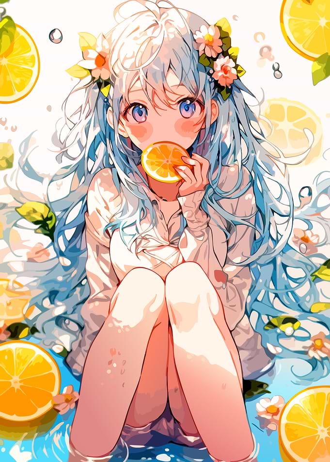 Anime Girl with Lemons and Flowers