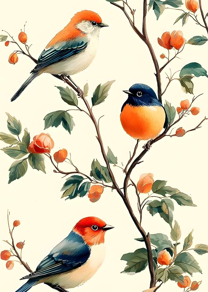 Three Colorful Birds on Flowering Branches